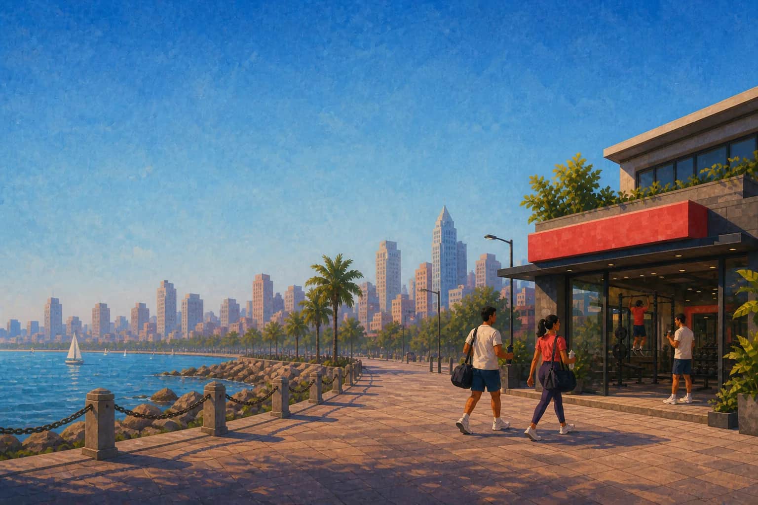 Lo-fi city skyline behind the app download section